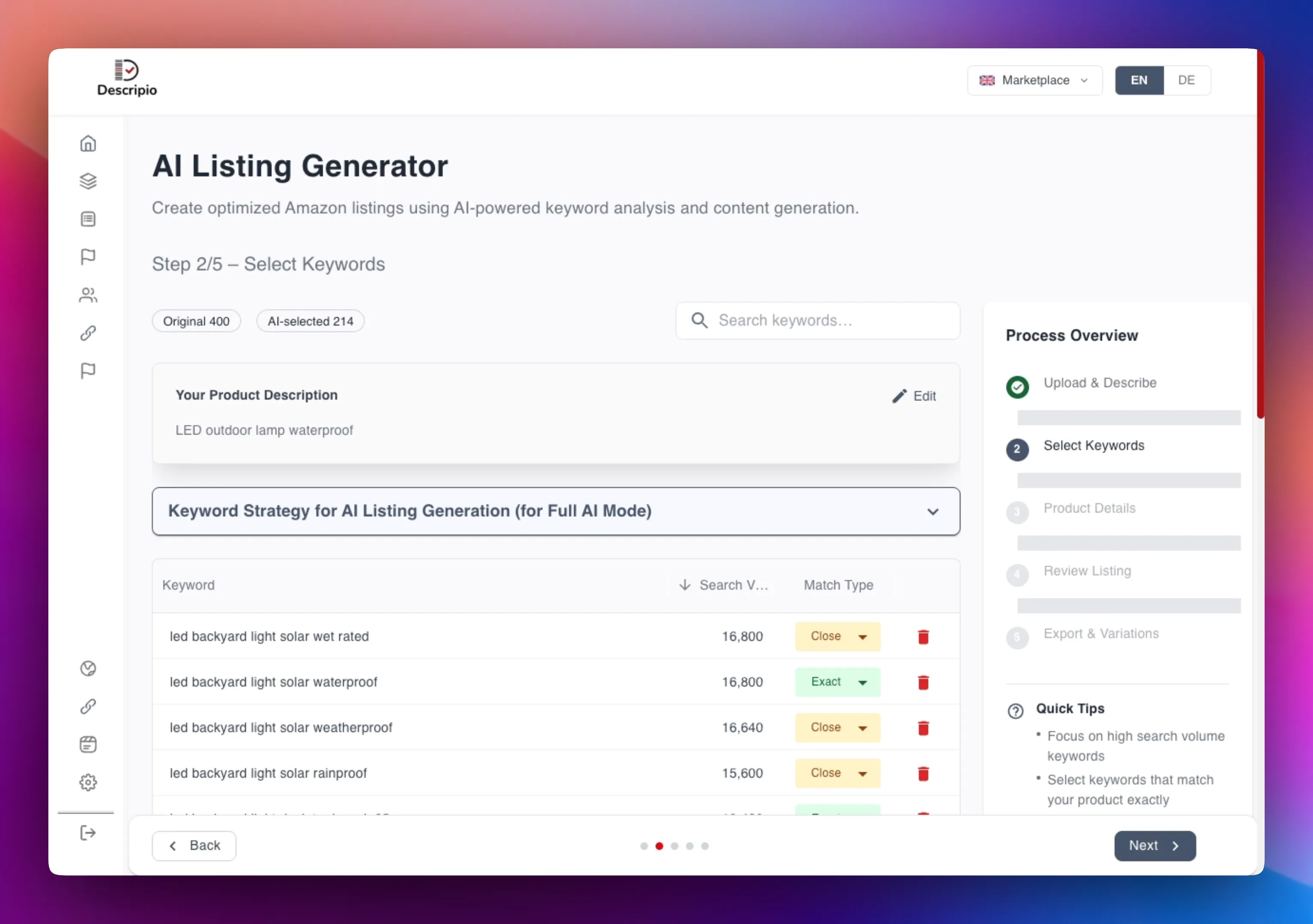 Keyword Enhancement (Customer Voice) Interface Screenshot